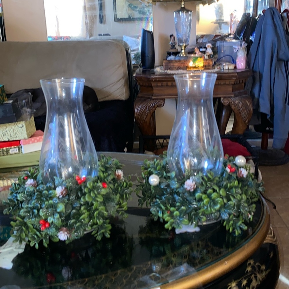 Vintage 2 Piece crystal Glass Candle Taper Holder With Globe set of 2